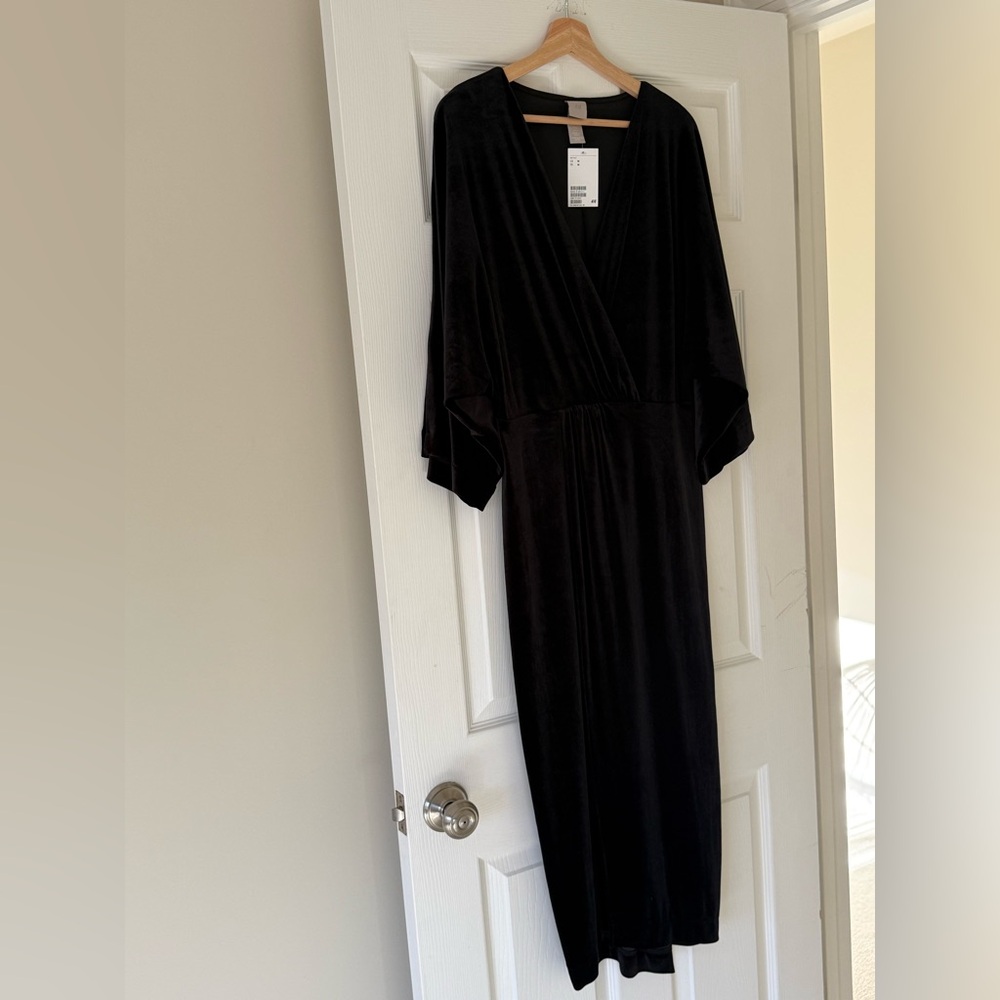 H&M Black Velvet Midi Dress with Dolman Sleeves
